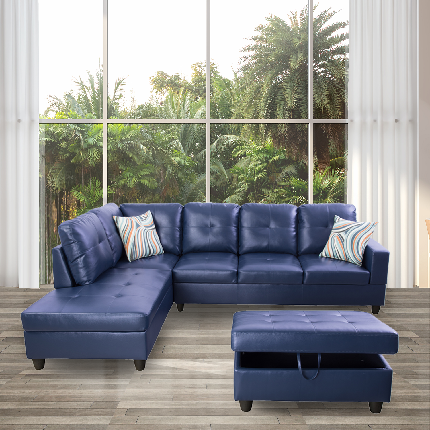 Ainehome Blue L-Shape Faux Leather Sofa Set