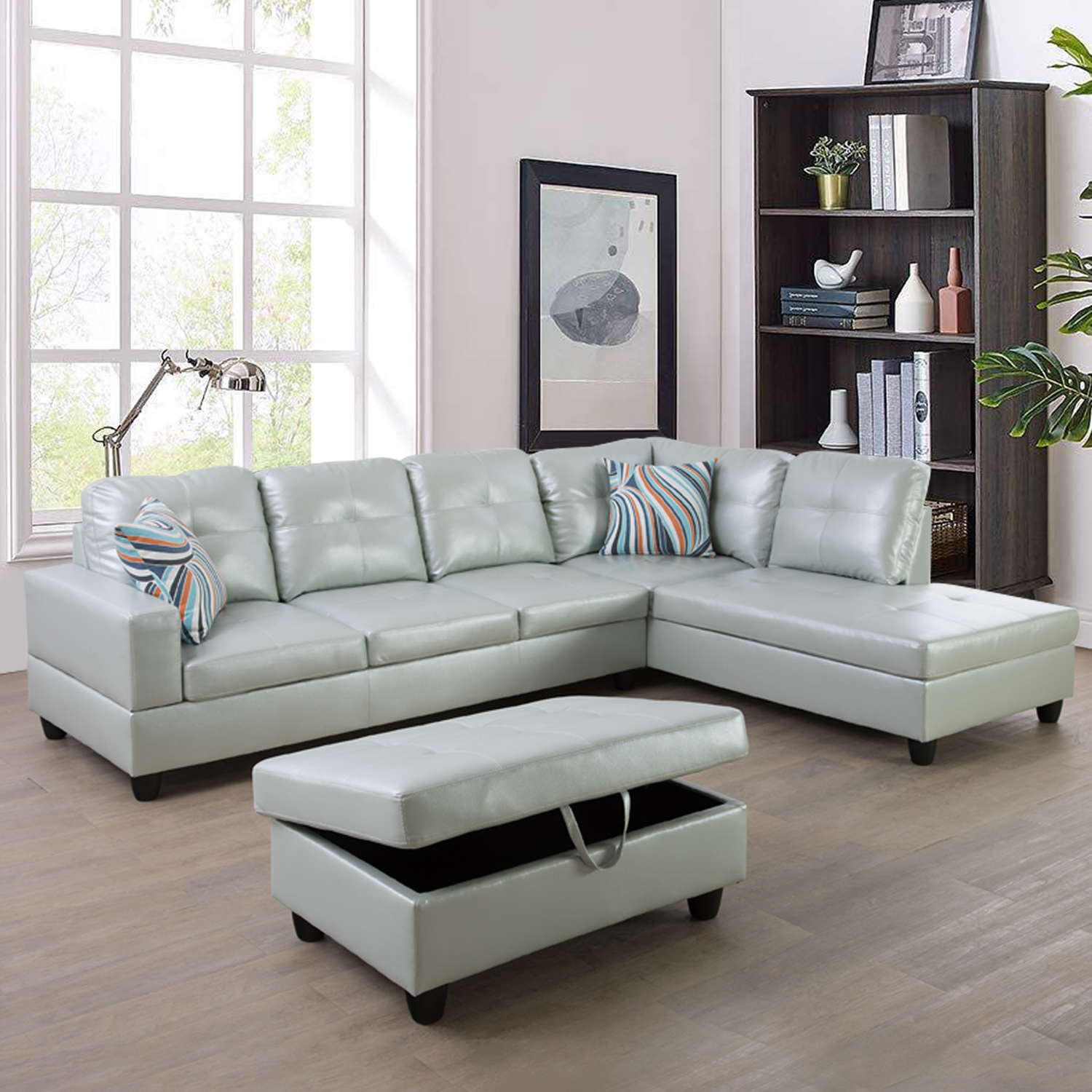 Ainehome Silver Green L-Shaped Leather Combo Sofa Set
