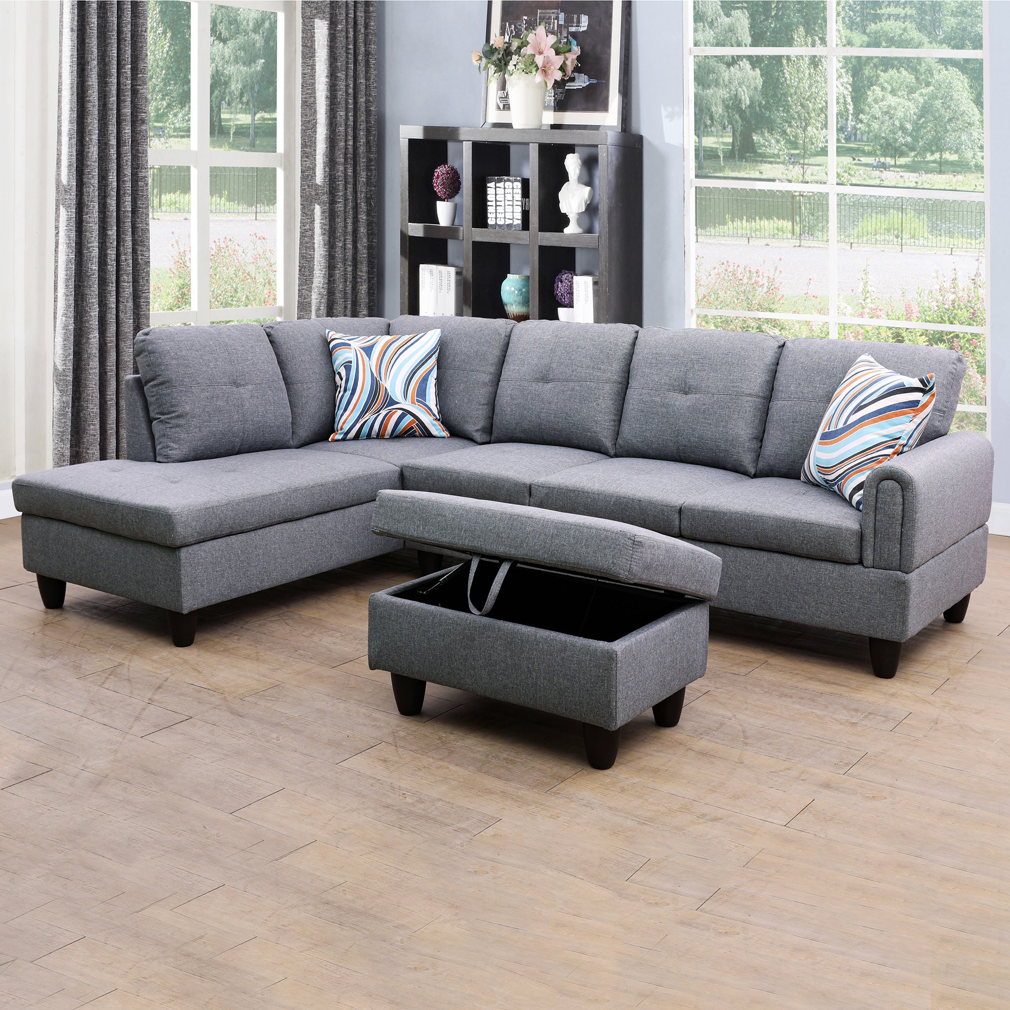 Ainehome Grey L-shaped Linen Sofa Set