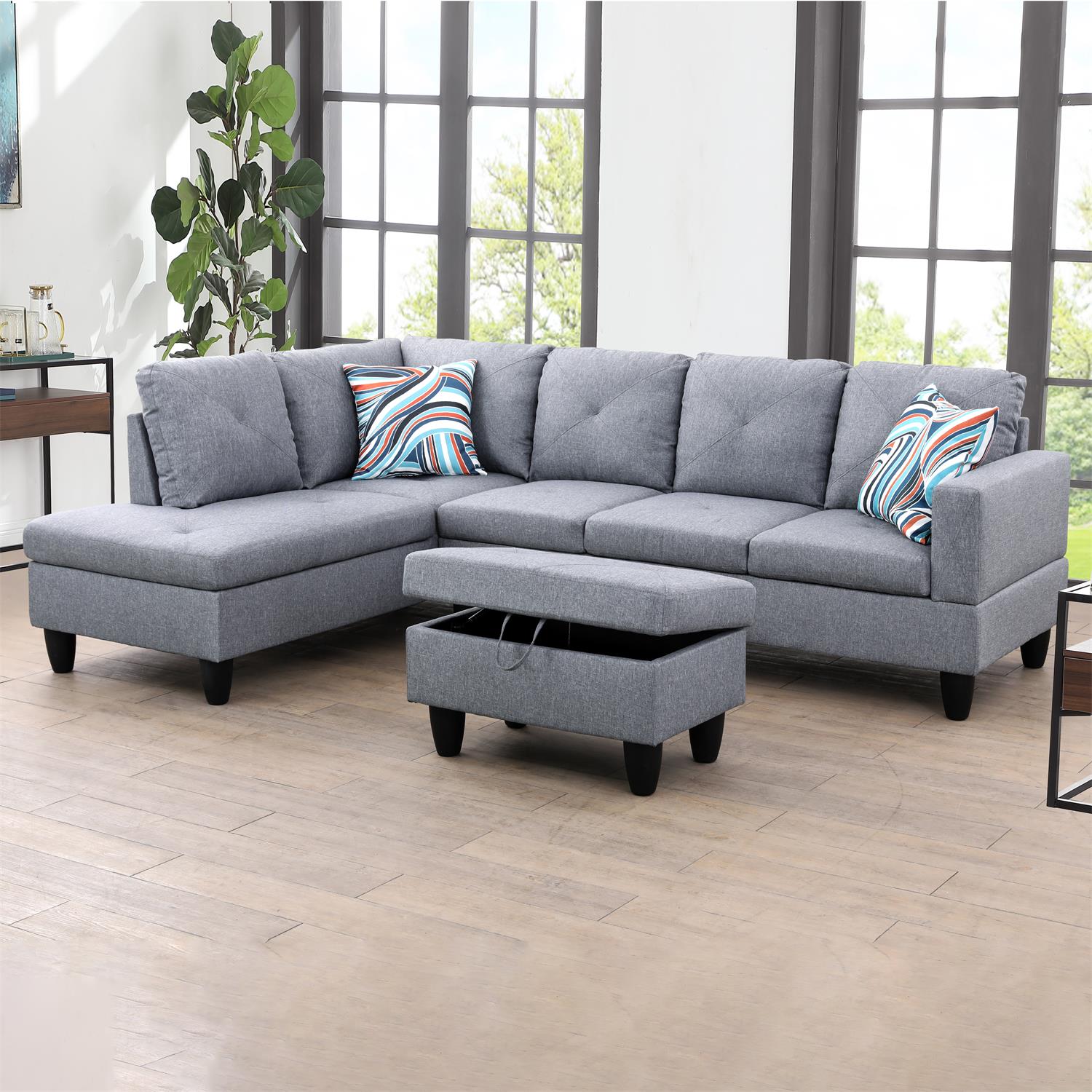 Ainehome Grey L-Shaped Linen Sofa Set