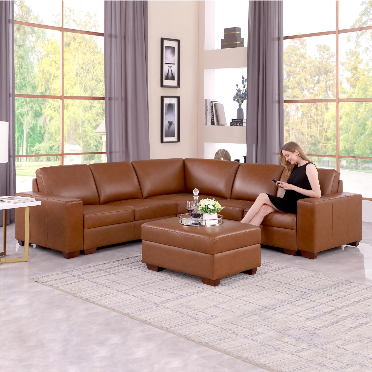 Ainehome Brown Top Cowhide 5 Position Sofa and Chair Set