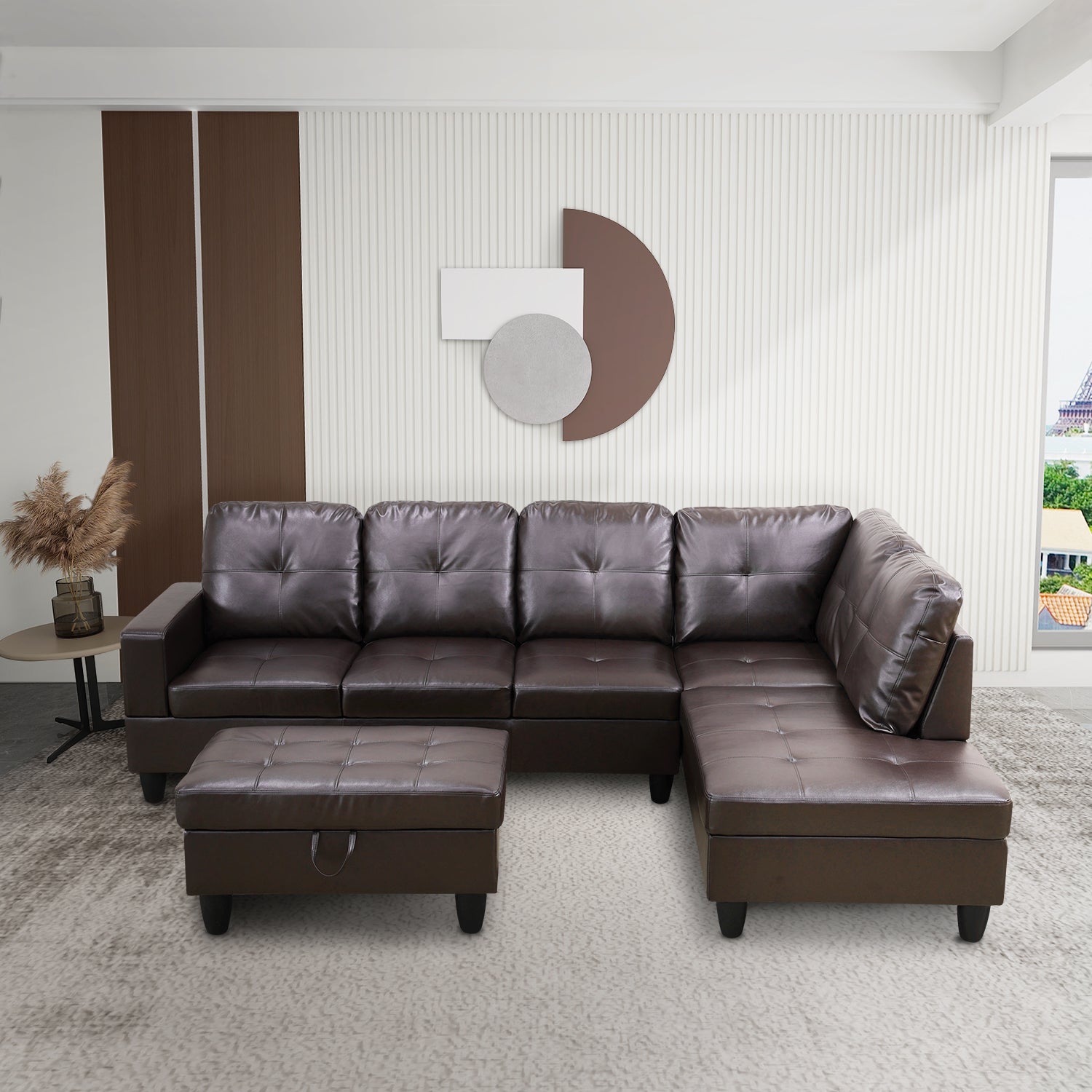Ainehome Brown L-Shape Faux Leather Sofa Set