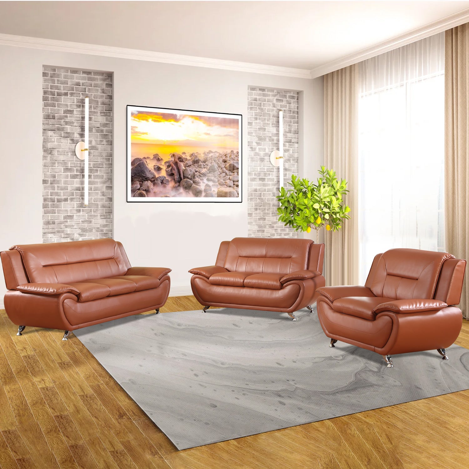 Ainehome Orange Faux Leather 3+2+1 Combo Sofa and Chair Set