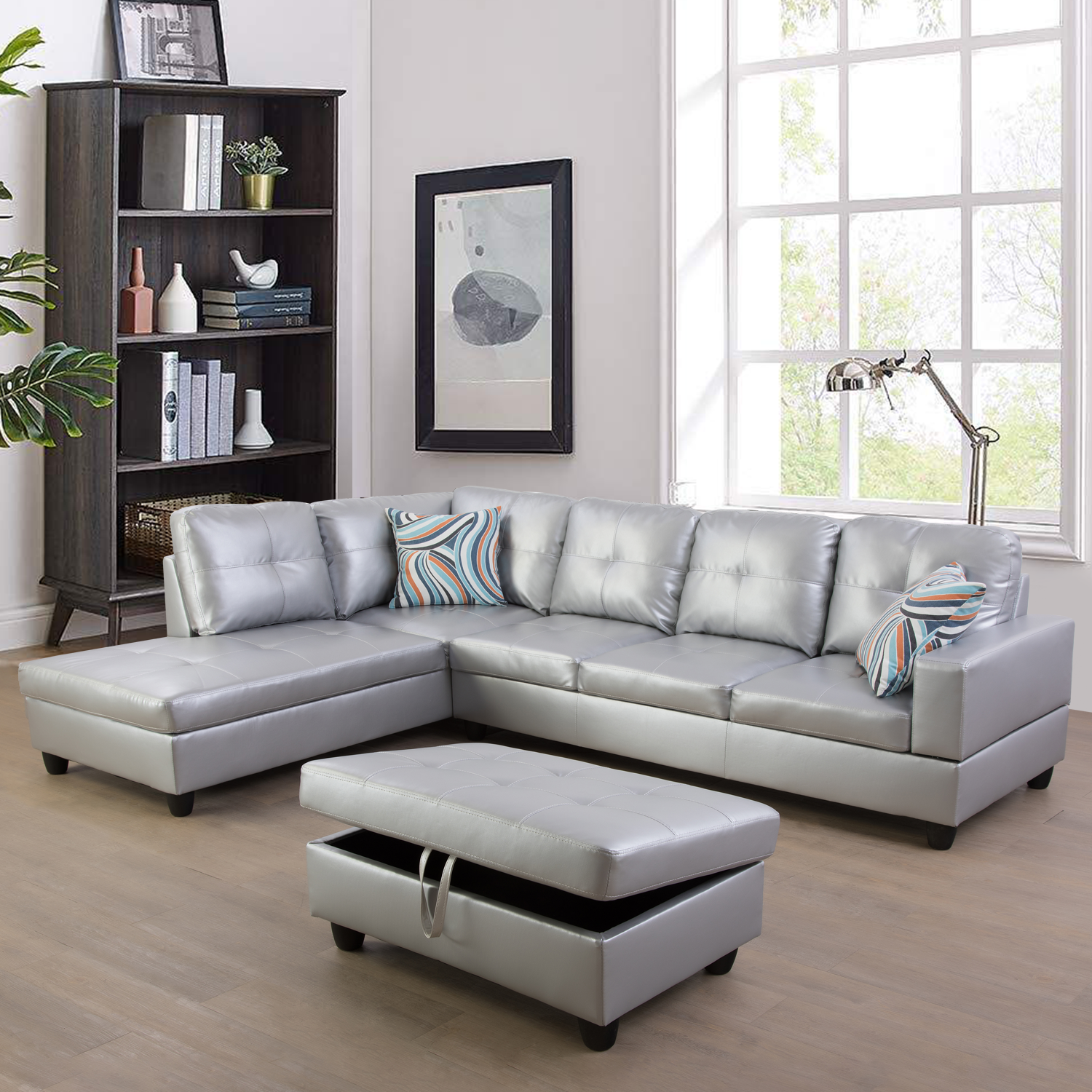 Ainehome L-Shaped Sofa Set in Silver and White Leather