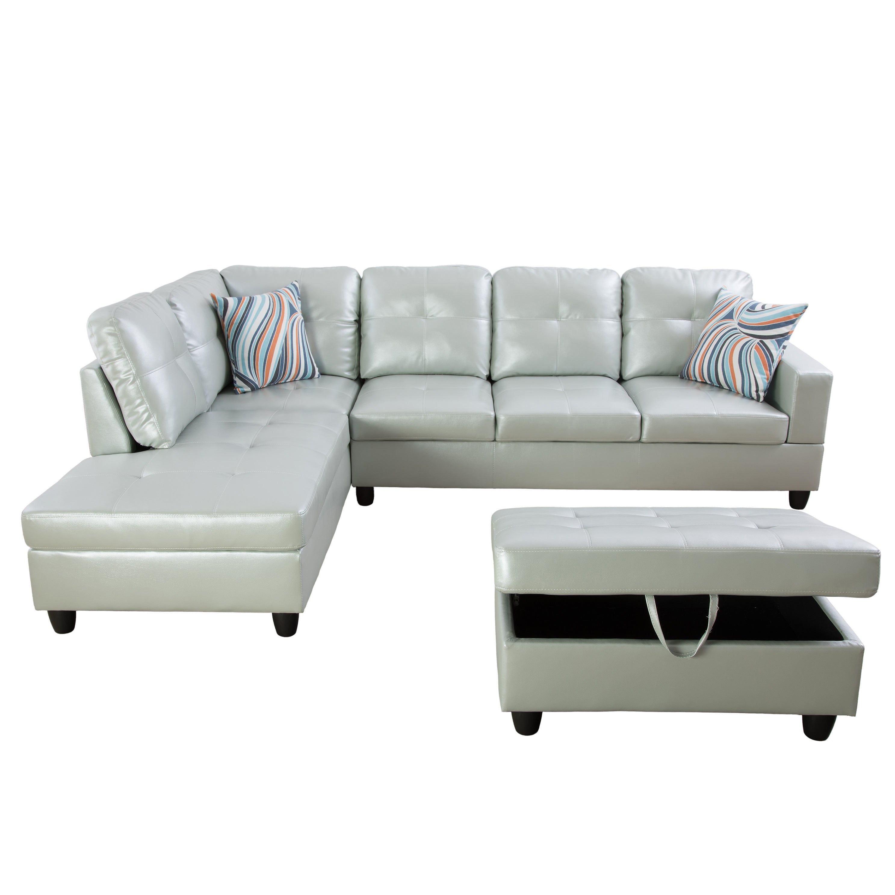 Ainehome Silver Green L-Shaped Leather Combo Sofa Set