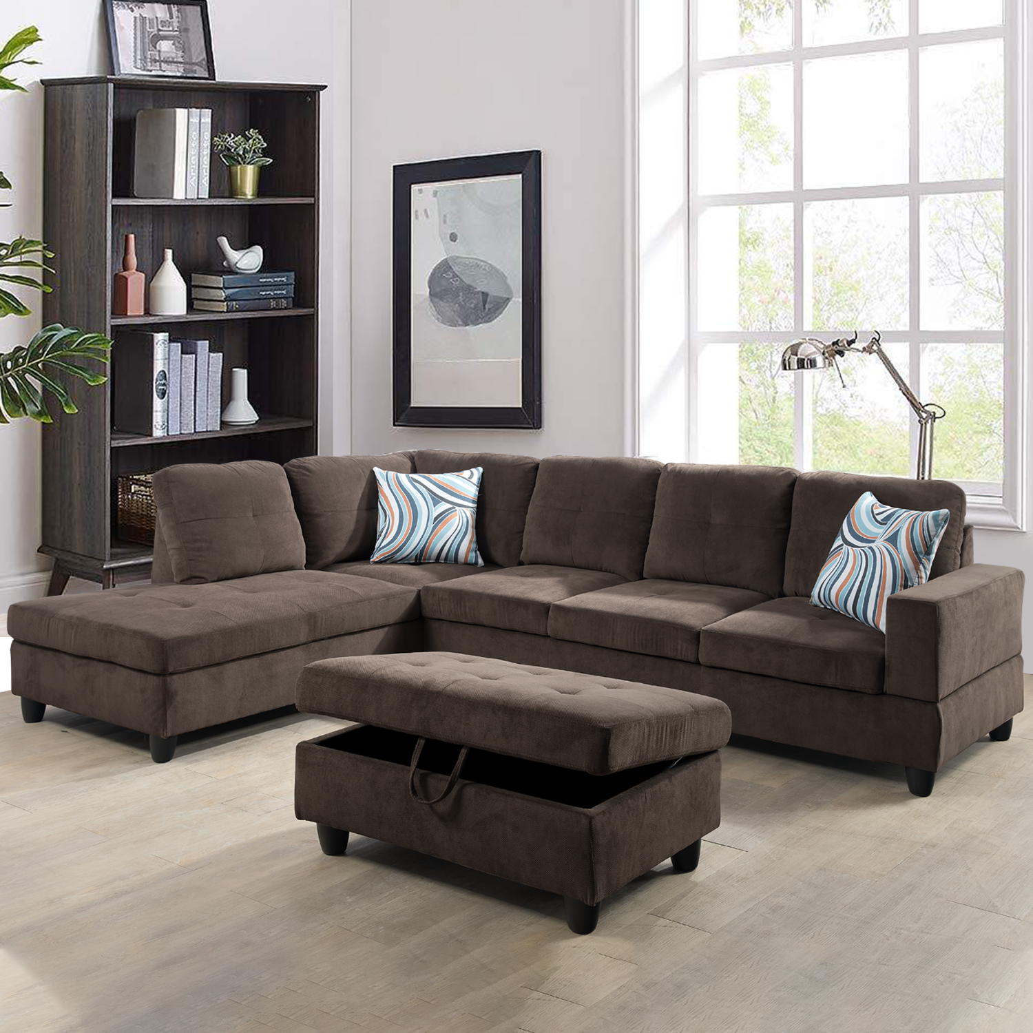 Ainehome Brown L-Shape Corduroy Fabric Combo Sofa Set