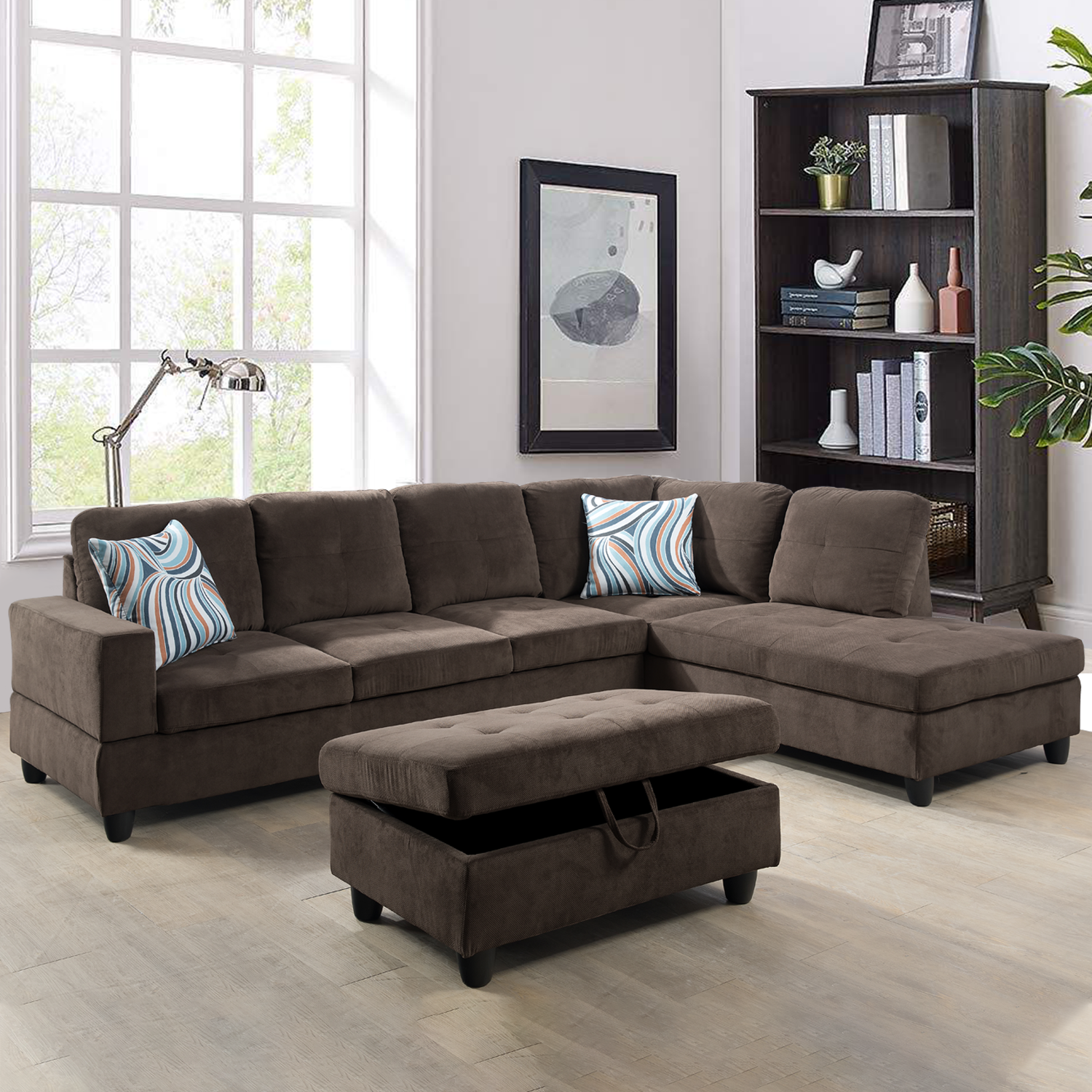 Ainehome Brown L-Shape Corduroy Fabric Combo Sofa Set