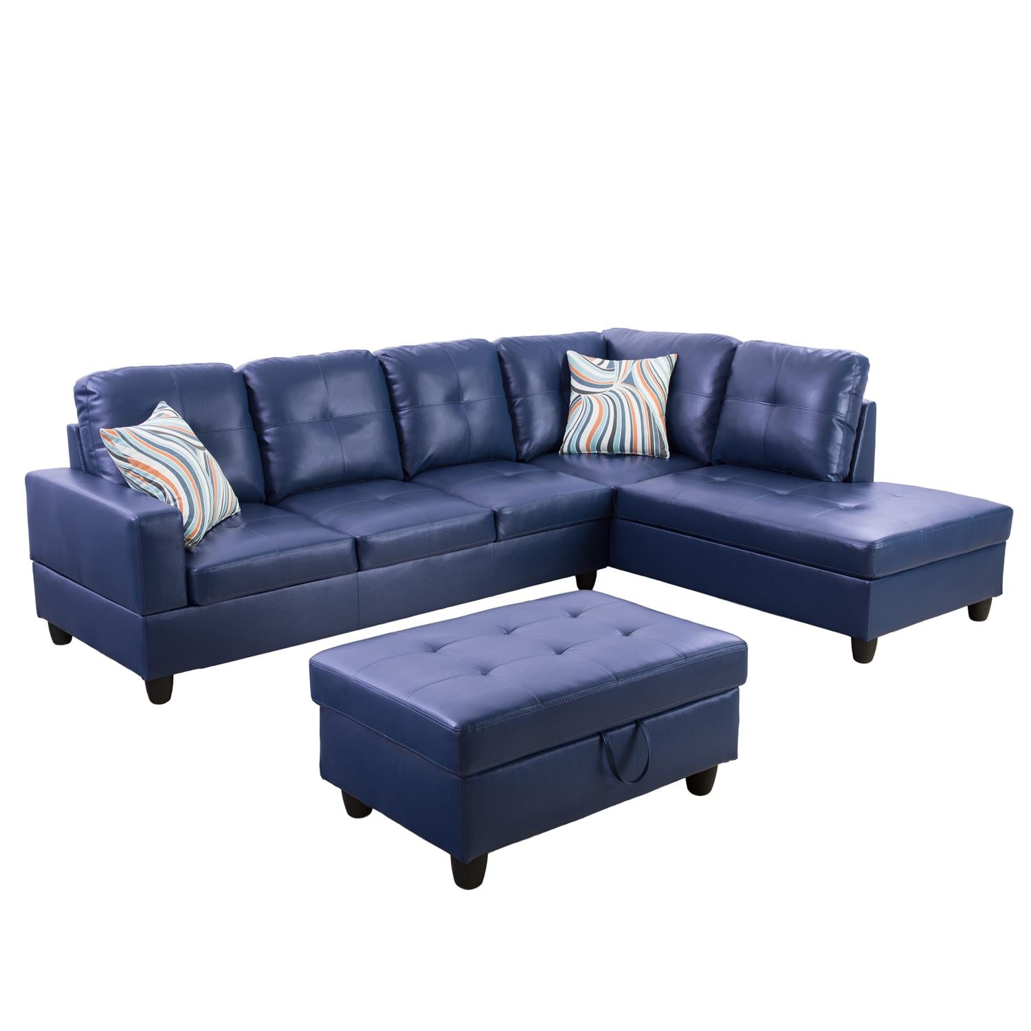 Ainehome Blue L-Shape Faux Leather Sofa Set