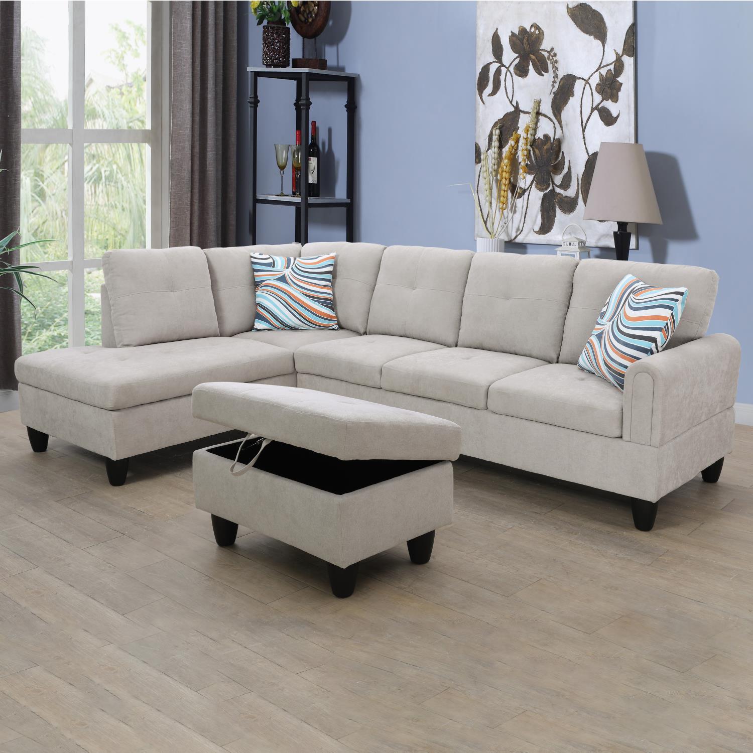 Ainehome White Grey L-Shaped Flannelette Sofa Set