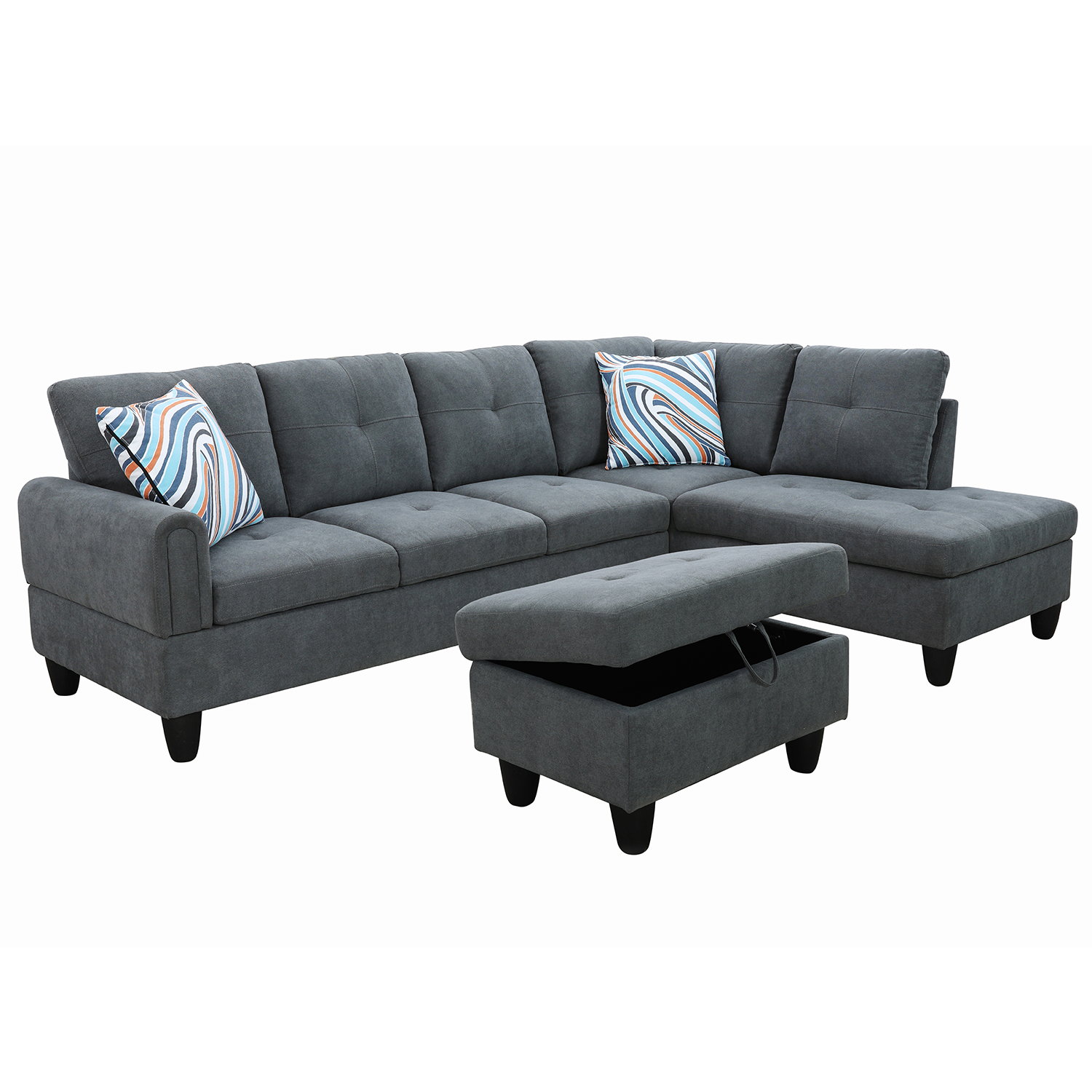 Ainehome Dark Gray L-Shape Flannel Sofa Set