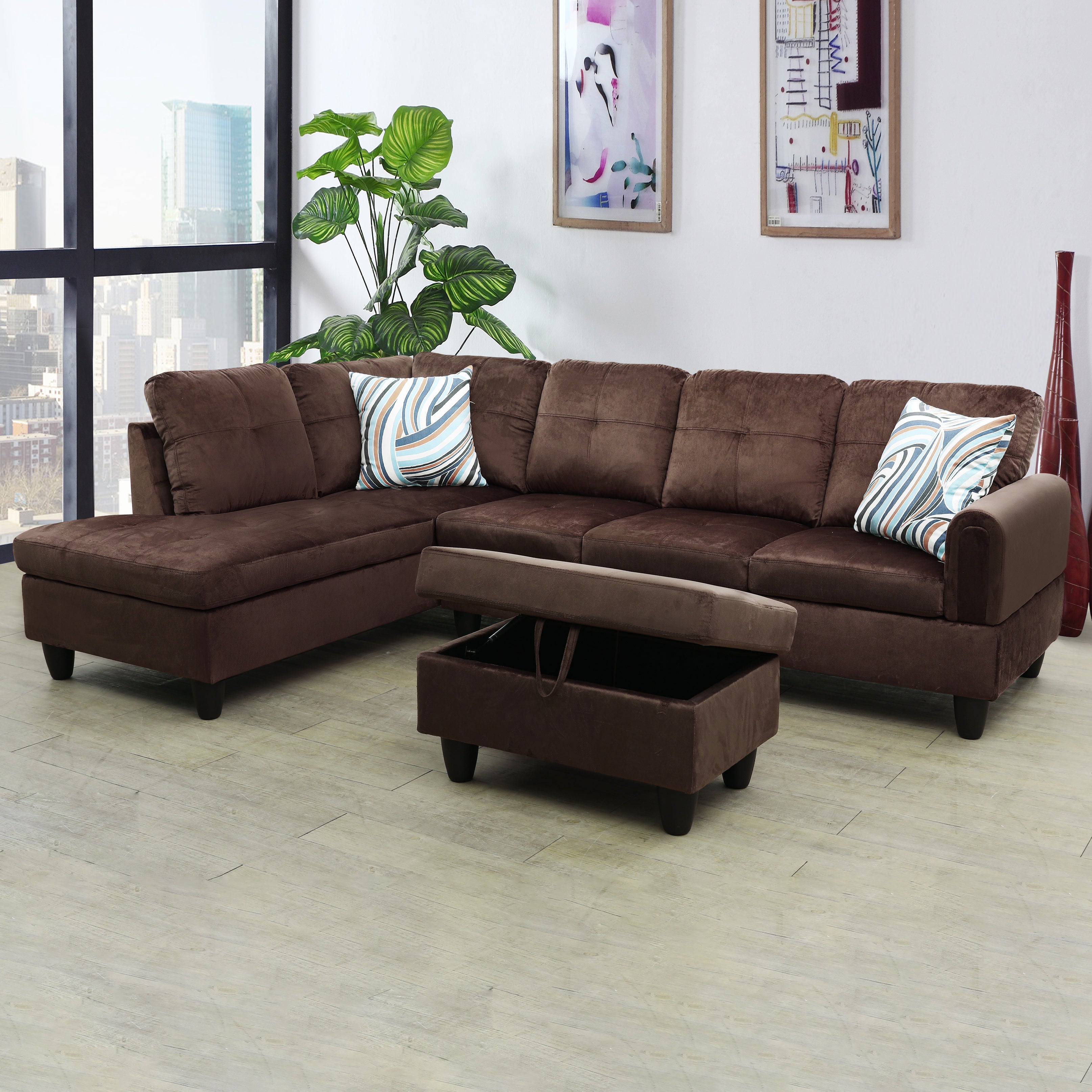 Ainehome Chocolate L-shaped Flannel Sofa Set