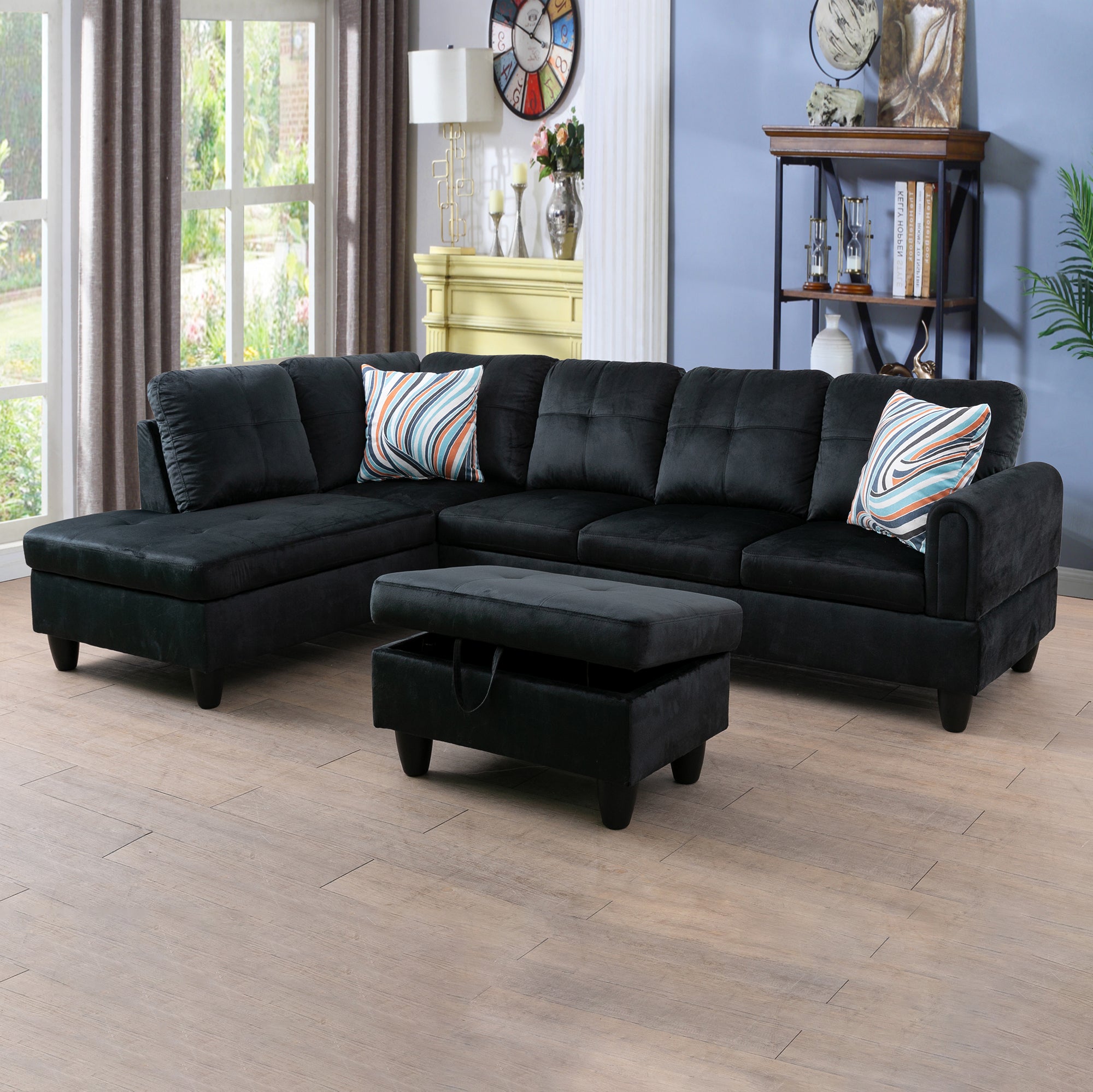 Ainehome Black L-shaped Flannel Sofa Set
