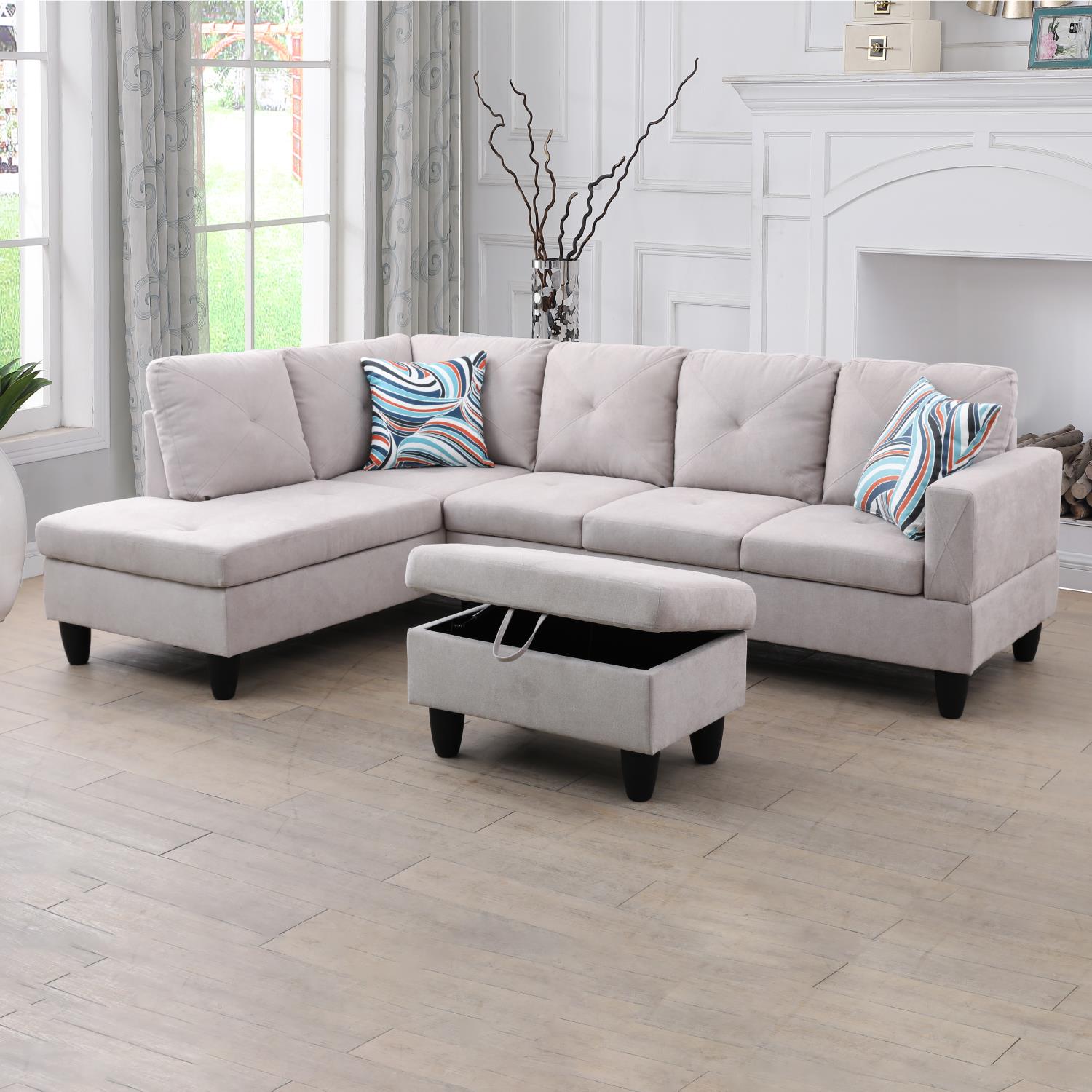 Ainehome Gray L-Shaped Flannel Combo Sofa Set