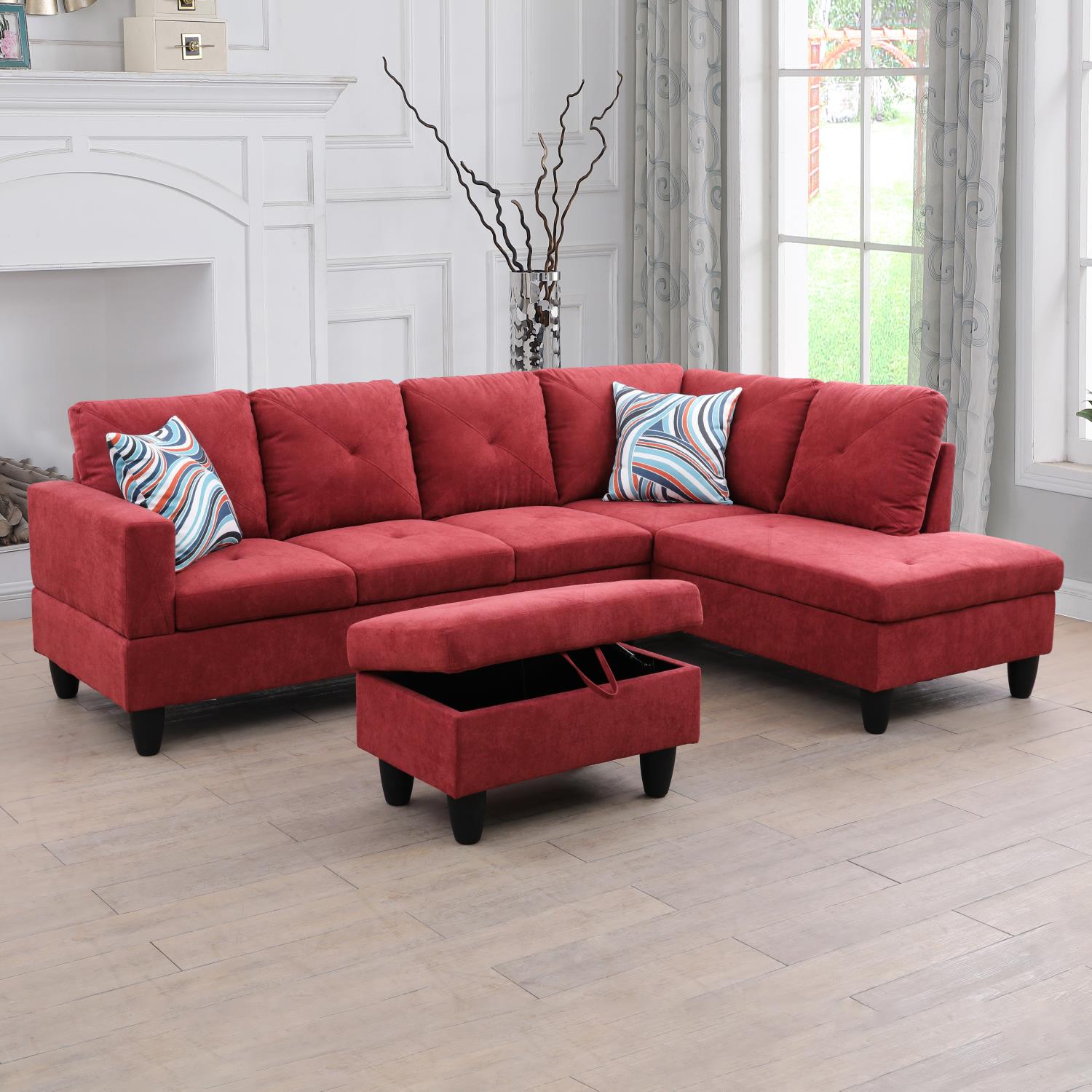 Ainehome Red L-Shaped Flannel Combo Sofa Set