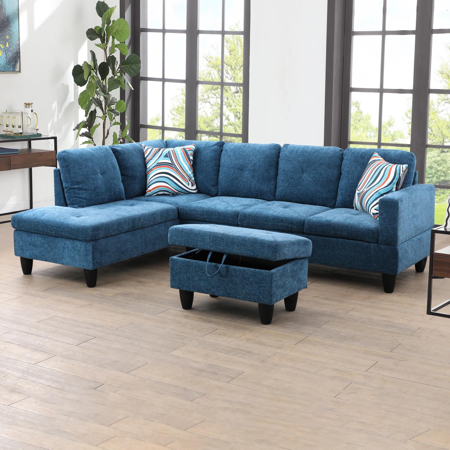 Ainehome Blue L-Shaped Flannelette Sofa Set
