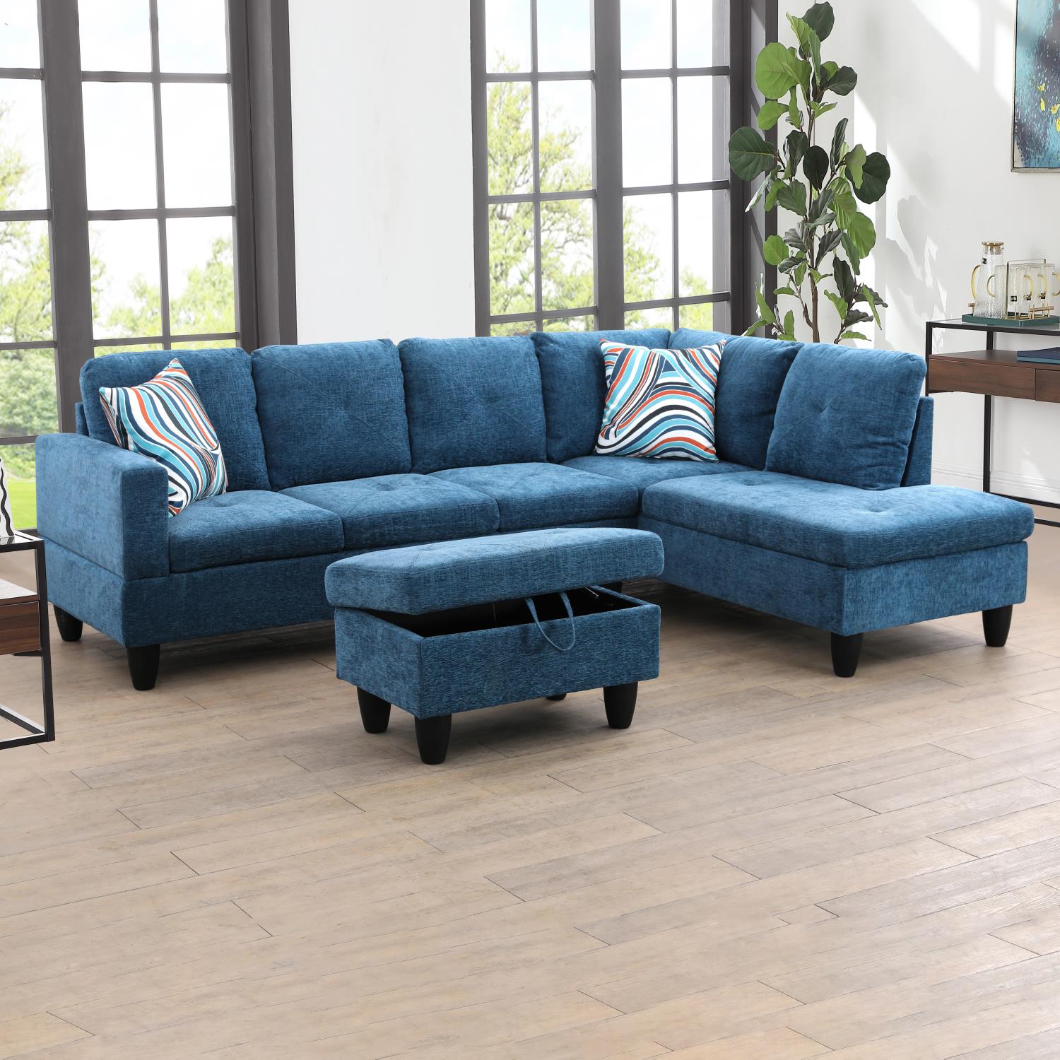 Ainehome Blue L-Shaped Flannelette Sofa Set