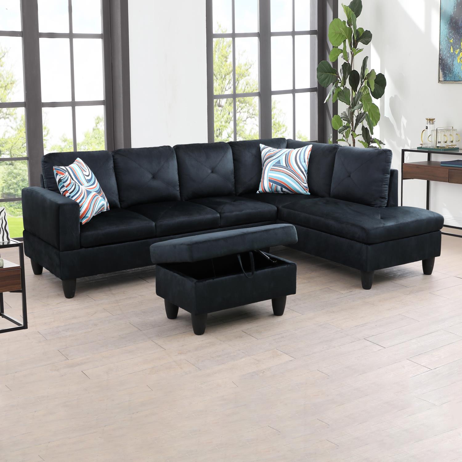 Ainehome Black L-Shaped Microfiber Sofa Set