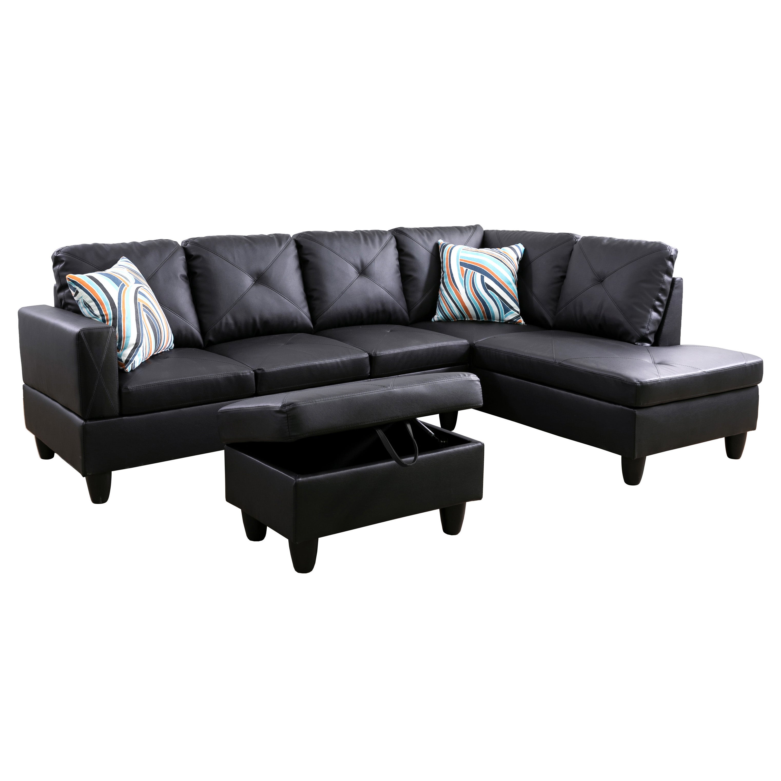 Ainehome Black L-Shaped Faux Leather Sofa Set