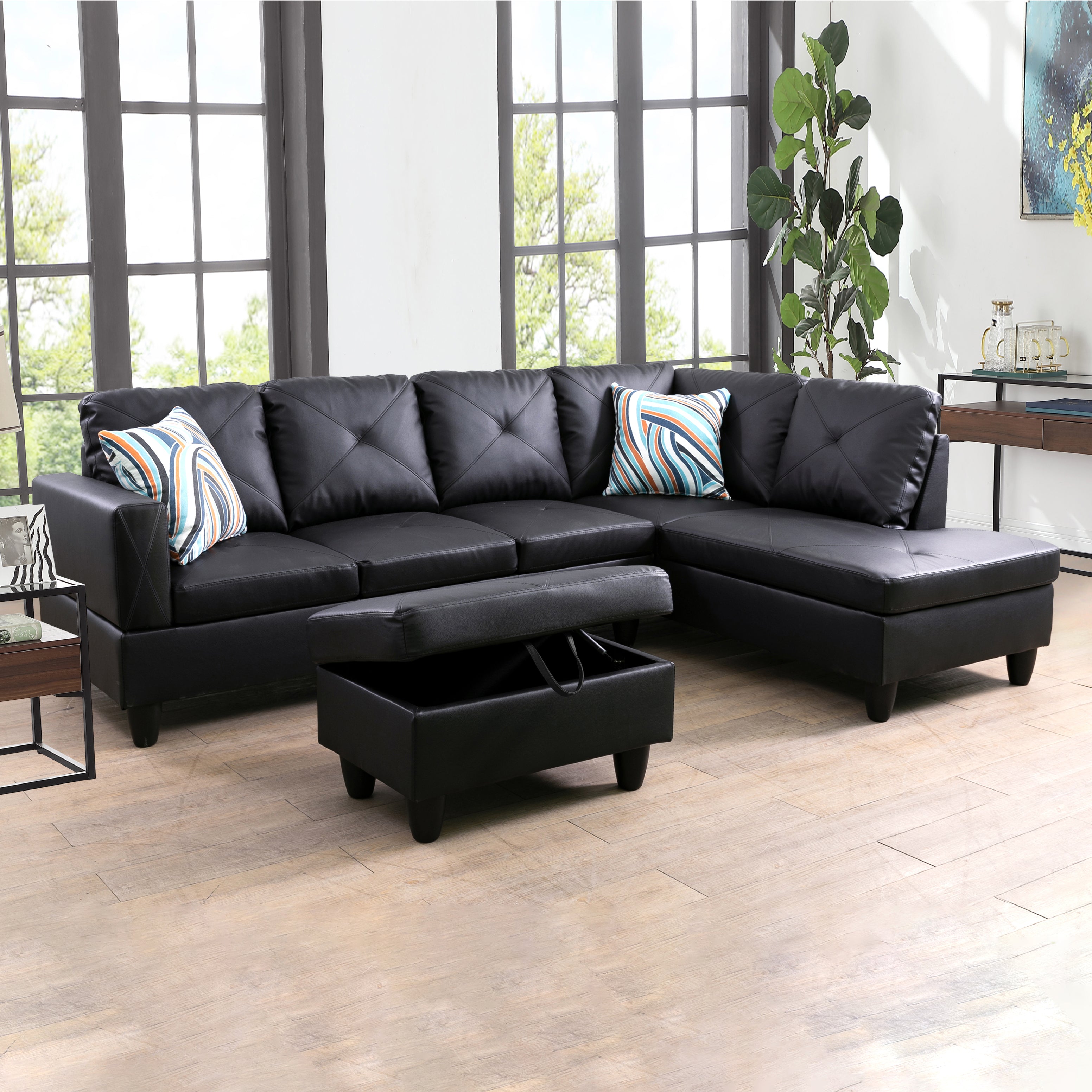 Ainehome Black L-Shaped Faux Leather Sofa Set