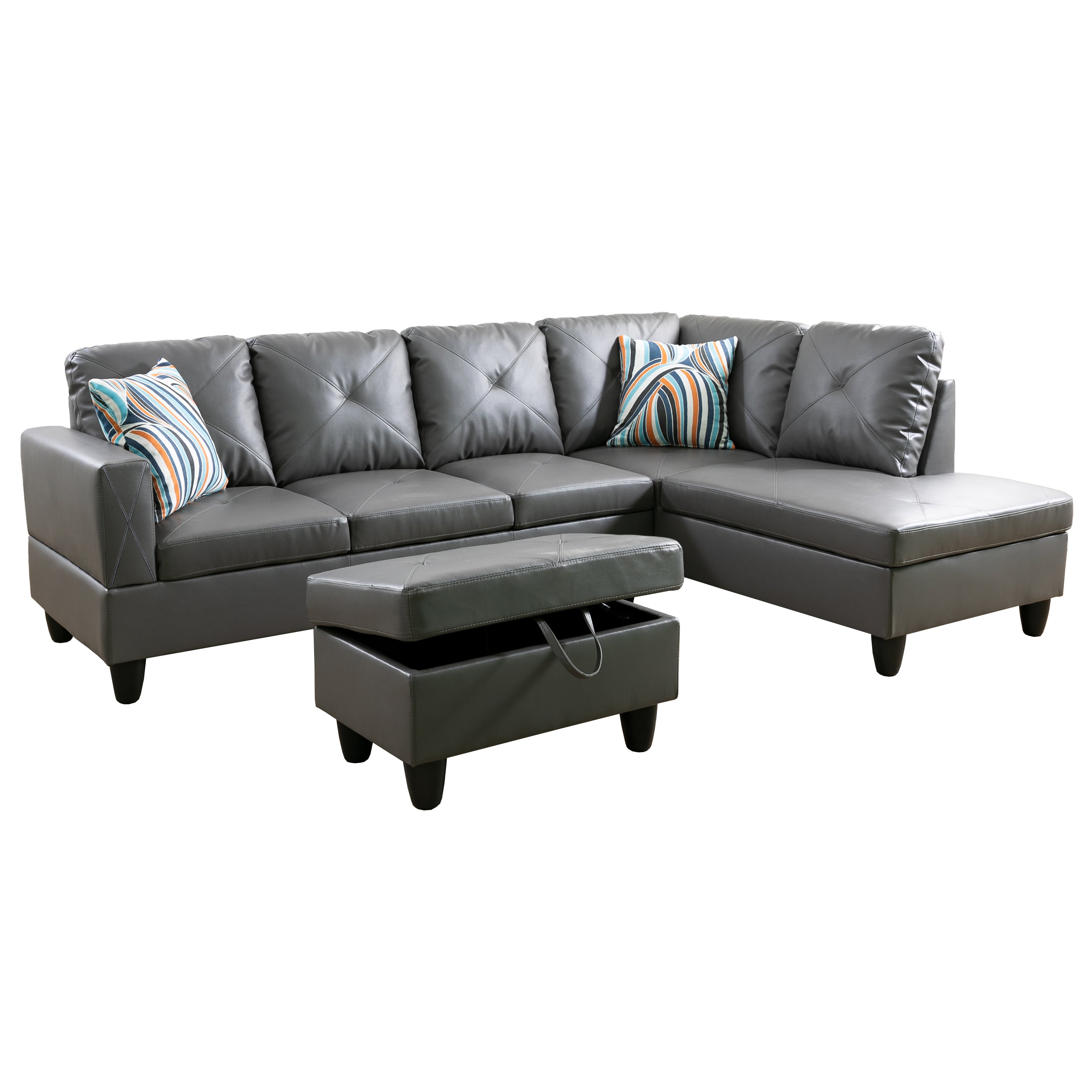 Ainehome Grey L-Shaped Faux Leather Sofa Set