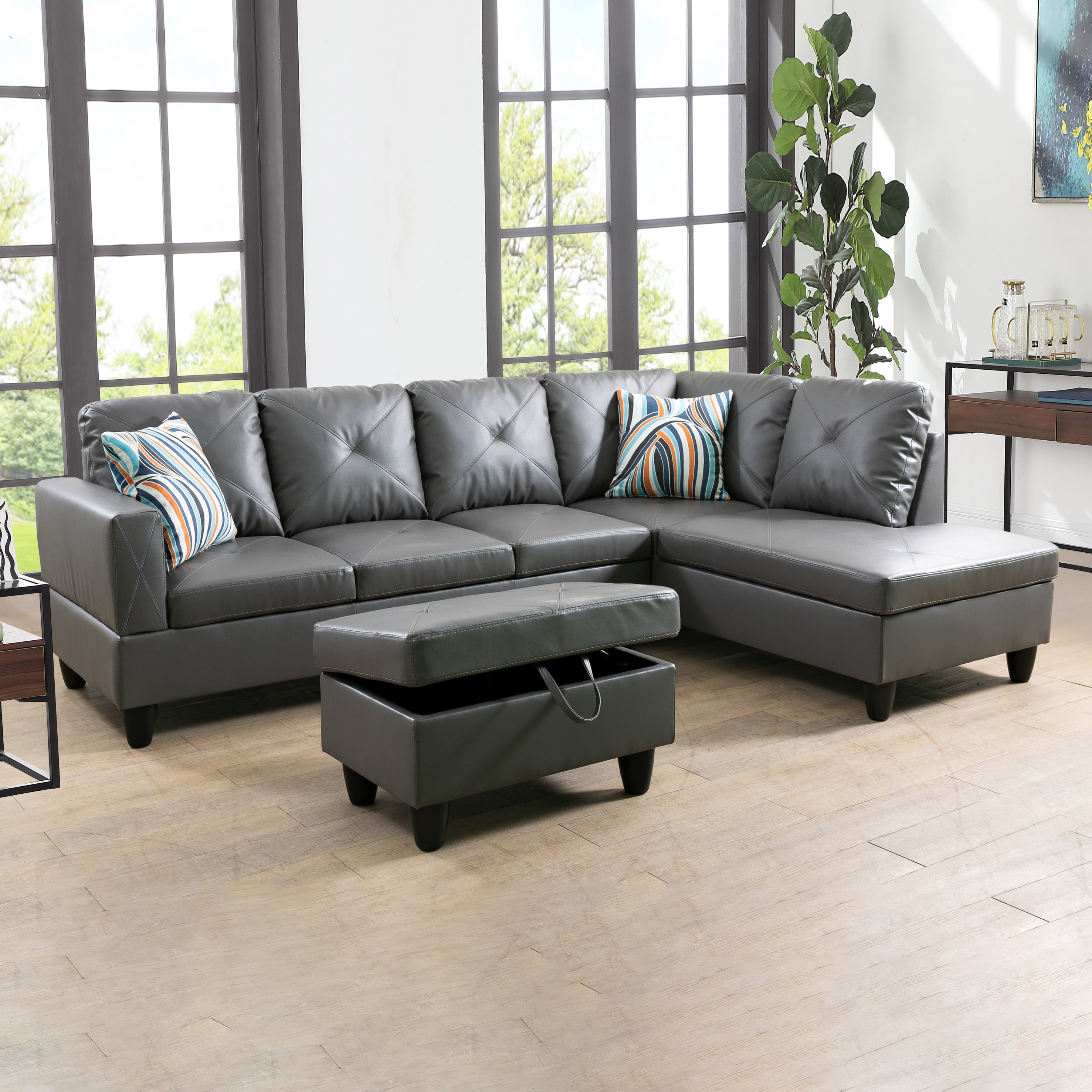 Ainehome Grey L-Shaped Faux Leather Sofa Set