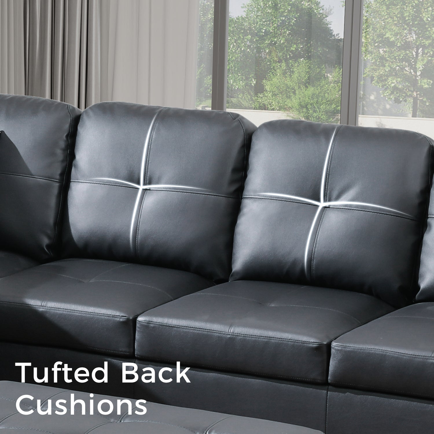 Ainehome Black L-Shape Faux Leather Sofa Set